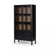 Calimia Home transitional ebony oak cabinet with glass doors, two drawers, and a contrasting tan oak interior.