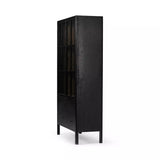 Calimia Home ebony oak cabinet with glass doors and drawers, featuring a tall transitional design in black wood.