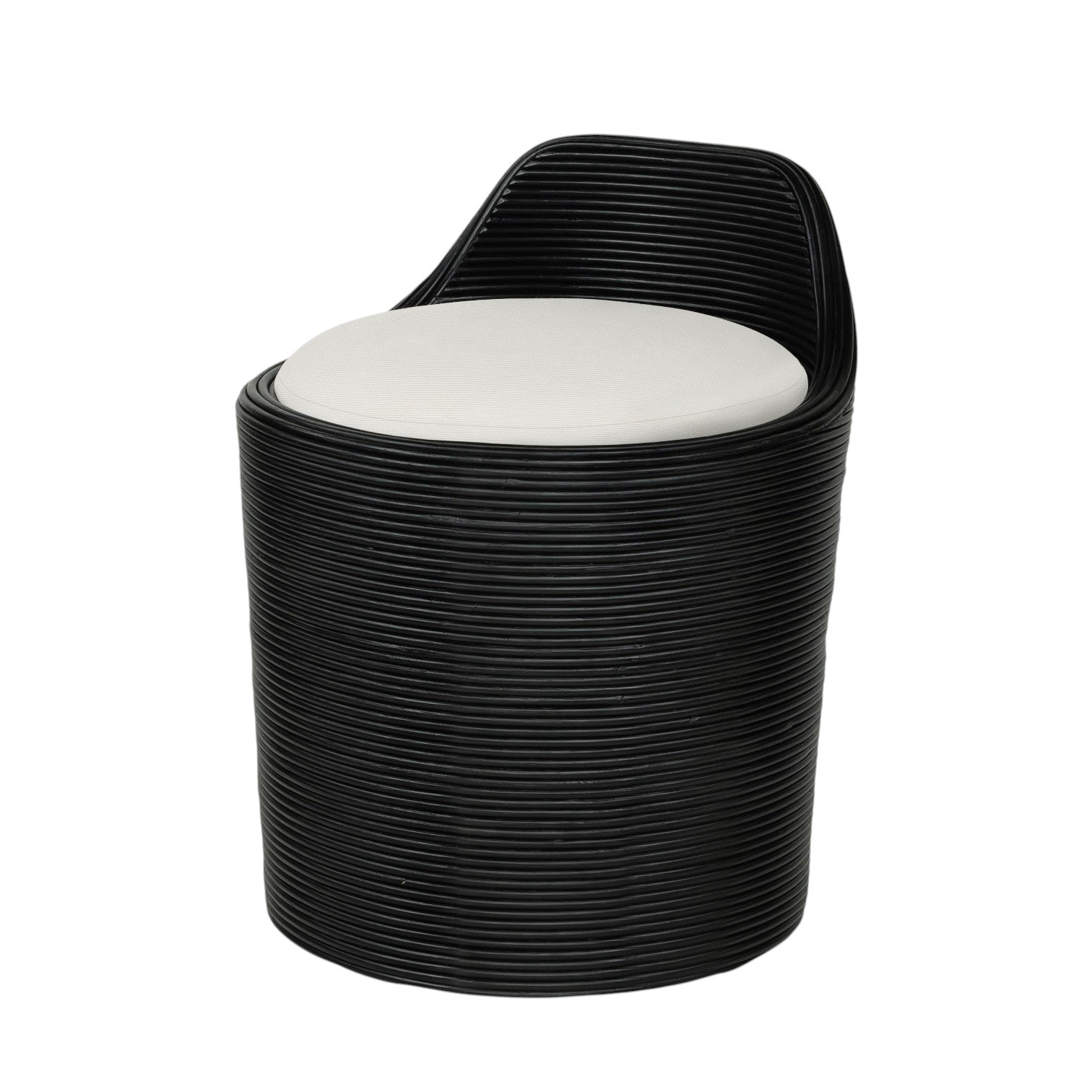 Calimia Home Enzo swivel stool with black coil weave rattan frame and white upholstered seat for outdoor use