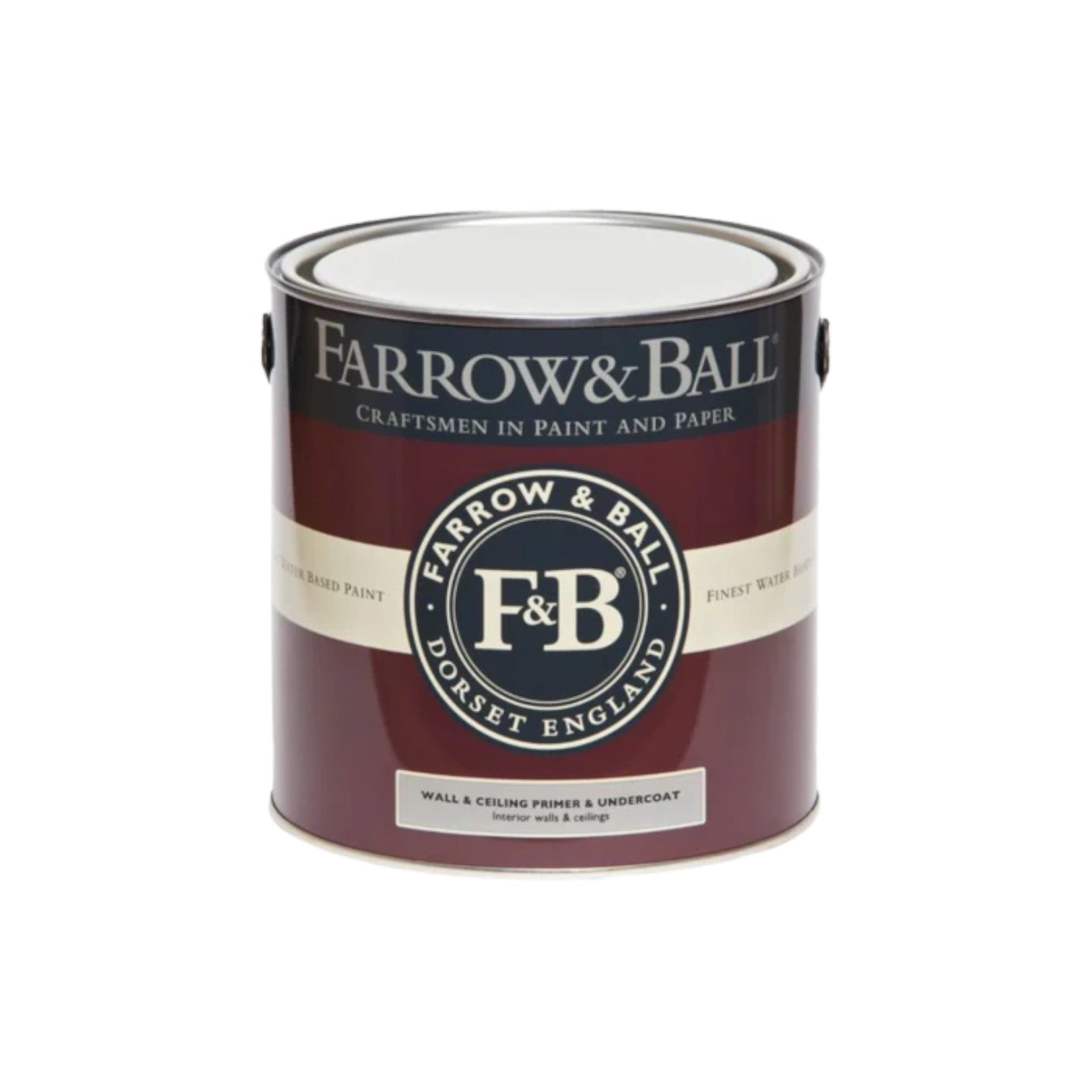 Calimia Home Farrow & Ball wall and ceiling primer and undercoat paint tin in a deep red and cream label design