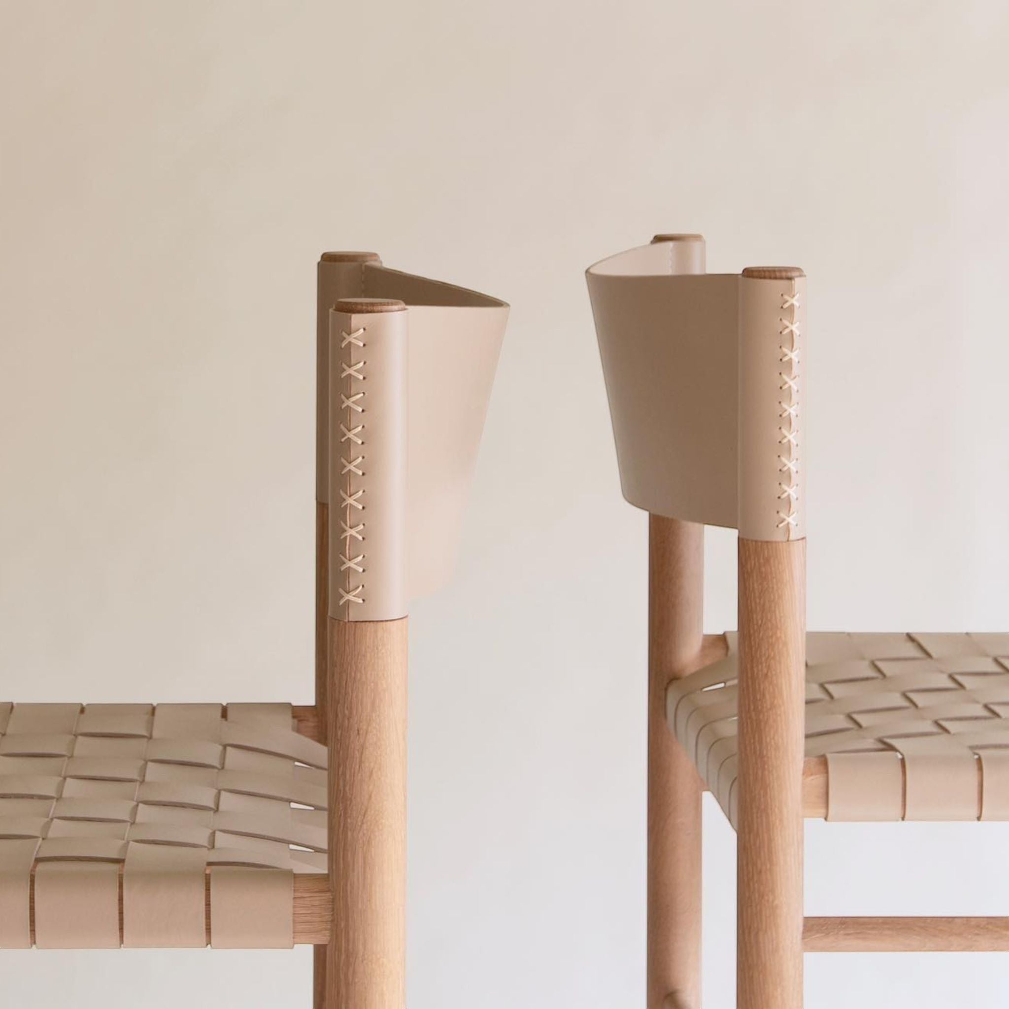 Calimia Home Flag Counter Stool with solid oak frame and natural leather woven seat and backrest detail