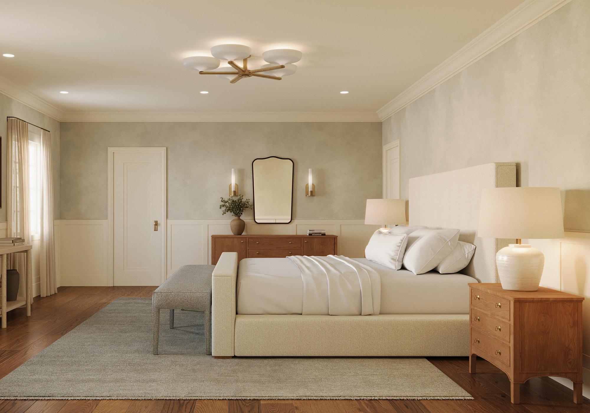 Conceptual design rendering of a serene neutral bedroom by Calimia Home