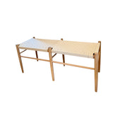 Calimia Home Gaon bench featuring a solid white oak frame and a handwoven white canvas ribbon seat.