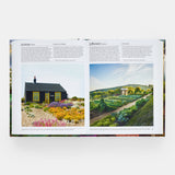 Calimia Home The Garden Book Mini Format book open to a spread showing garden entries including a black cottage with wildflowers.
