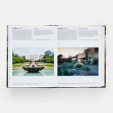 Calimia Home The Garden Book Mini Format book open to a spread showing garden entries with a formal fountain and a coastal planting.