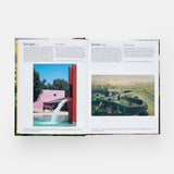 Calimia Home The Garden Book Mini Format book open to a spread showing garden entries with pink modernist walls and a water feature.