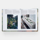 Calimia Home The Garden Book Mini Format book open to a spread showing garden entries with a woodland path and a rooftop garden.