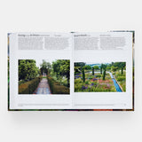 Calimia Home The Garden Book Mini Format book open to a spread showing garden entries with a tiled walk and a water channel garden.