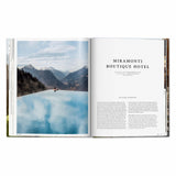 Calimia Home Great Escapes Alps book open to the Miramonti Boutique Hotel spread with an infinity pool facing the mountains.