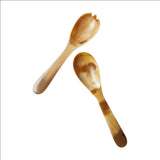 Calimia Home handcrafted water buffalo horn serving spoon and fork set with unique natural brown marbled patterns.