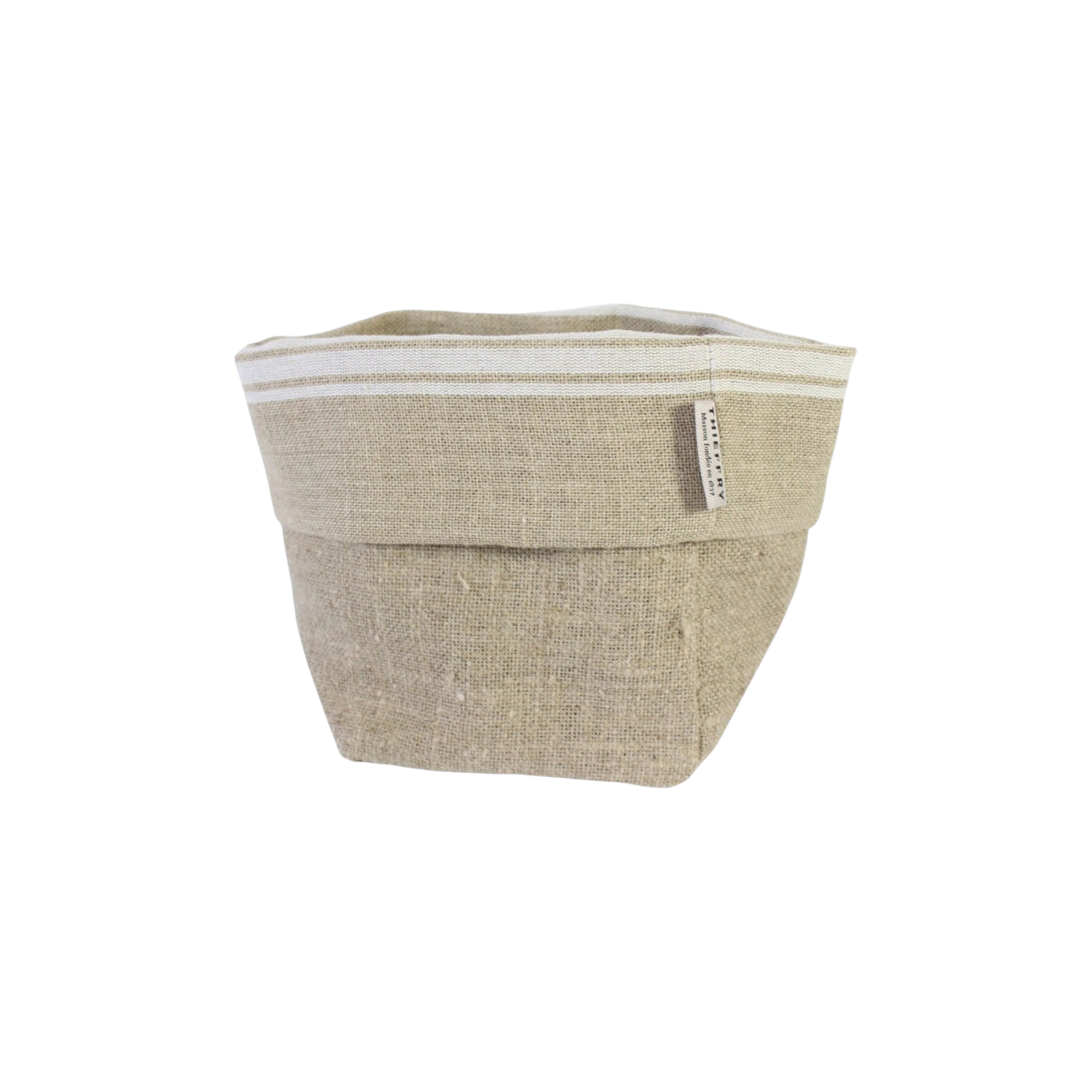 Calimia Home beige Belgian linen fabric storage basket with a white striped rim and a small branded fabric tag.