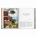 Calimia Home Great Escapes Mediterranean book open to a page featuring the Mezzatorre hotel with a sea view photo.