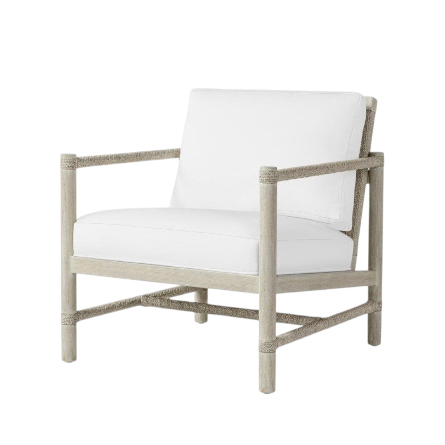 Calimia Home Norton lounge chair with whitewash hardwood frame and hand-twisted lampakanay rope in white upholstery.