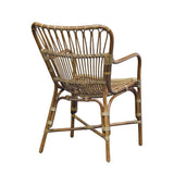 Calimia Home retro rattan dining arm chair in natural medium brown with pencil pole frame and rattan peel bindings