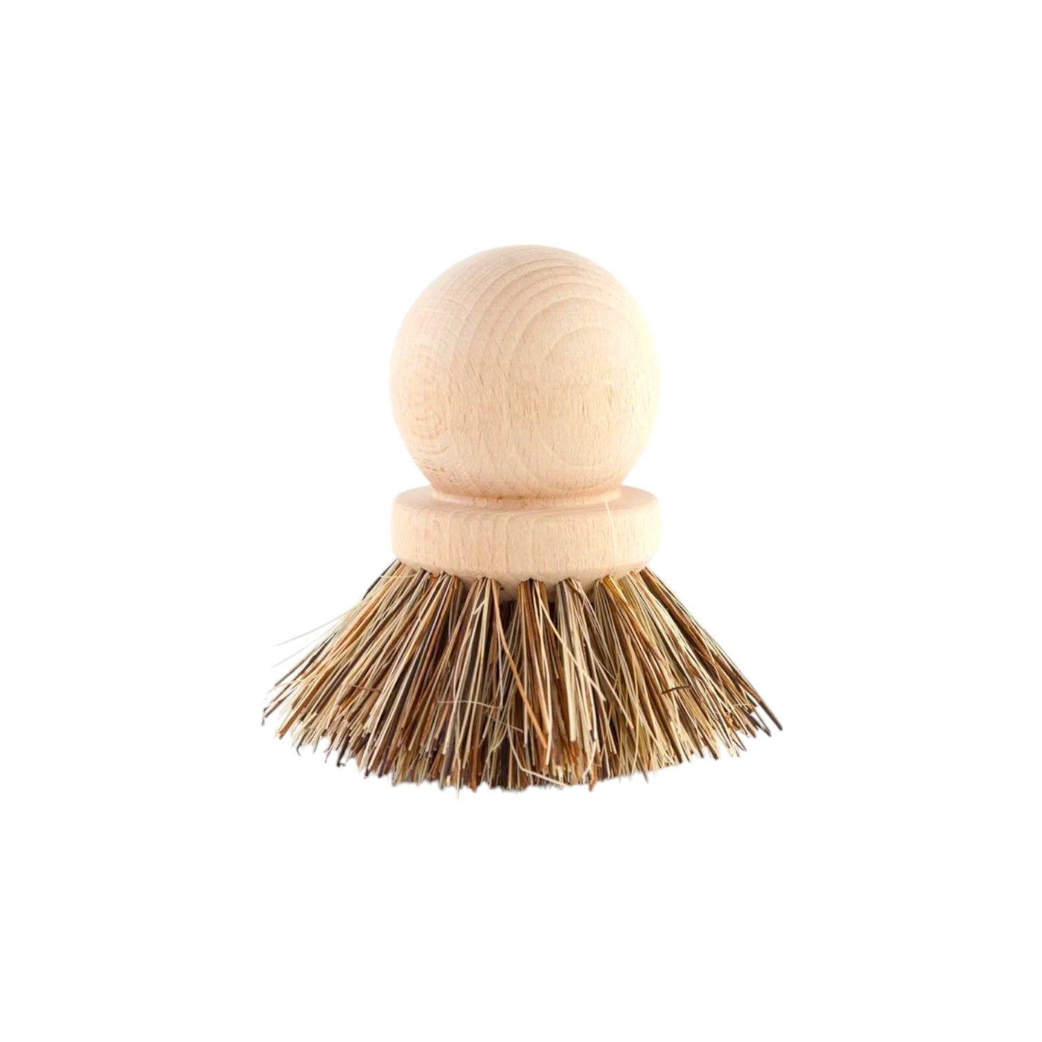 Calimia Home round dish brush with a light beechwood handle and stiff natural fiber bristles for heavy duty cleaning.