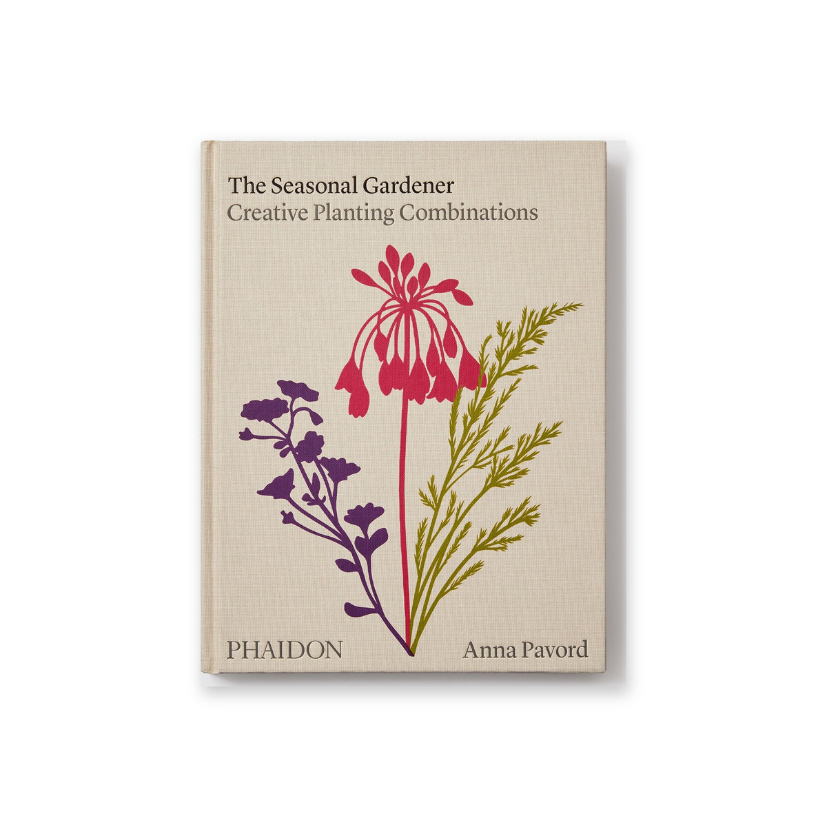Calimia Home The Seasonal Gardener book, cover by Anna Pavord with red and purple botanical illustrations.