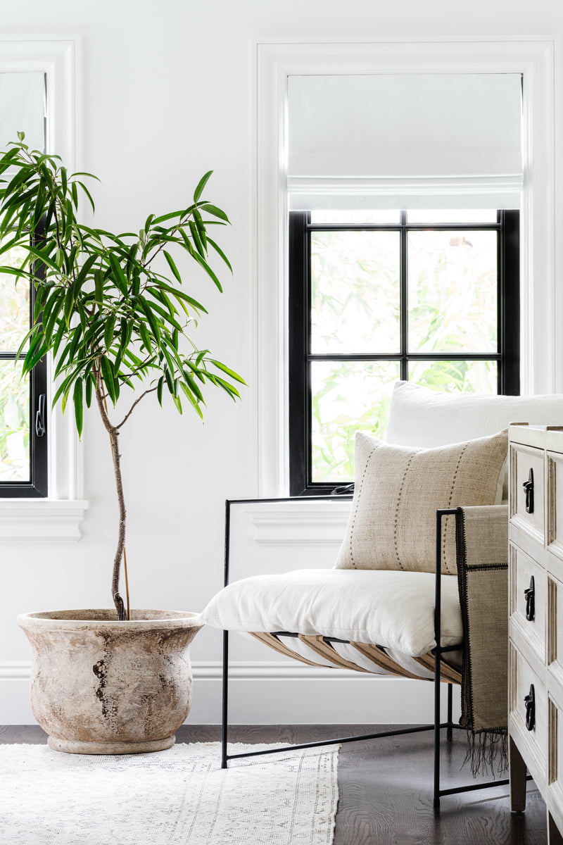 Black metal accent chair with white cushions beside a potted tree and black-framed windows