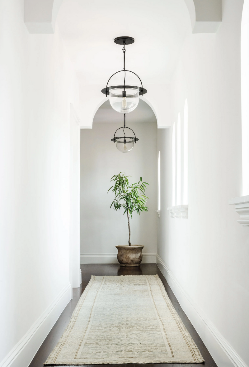 Long hallway with a plant, rug, and pendant light fixture.