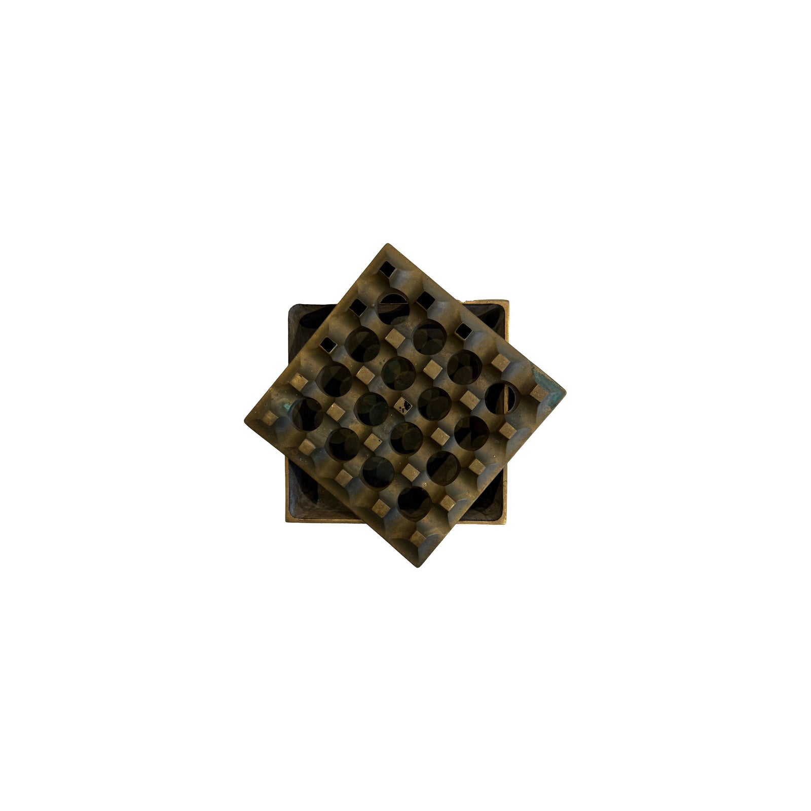 Vintage brass always empty ashtray, large, pierced lattice top turned on the diagonal over its tray