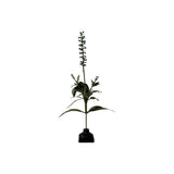 Vintage matte black bud vase on a square base holding a tall faux foliage stem with narrow green leaves