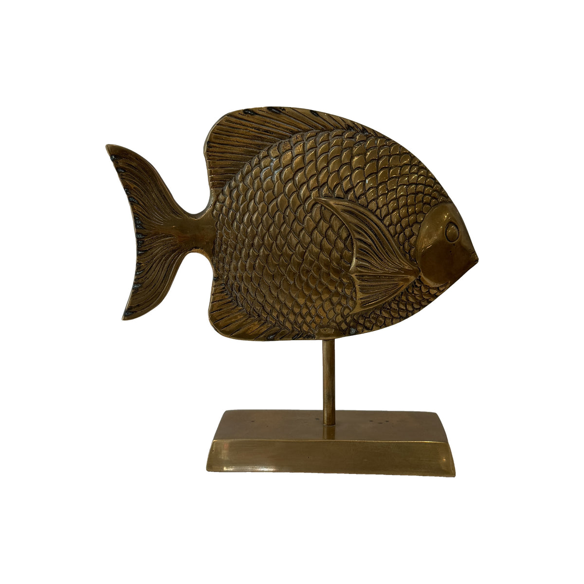 Vintage brass reef fish sculpture on a rectangular plinth, deep round body with high-relief cast scales and finely rayed fins