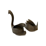 Open backs of the pair of brass swans seen from above, showing the hollow vessel interiors for planting