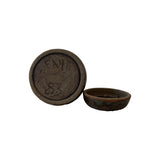 Incised maker's mark on the base of the stoneware jar reading FAYE and the date 83, shown beside the lid interior