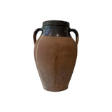 Vintage two-handled terracotta olive jar with dark treacle-glazed neck and shoulder over a weathered unglazed body