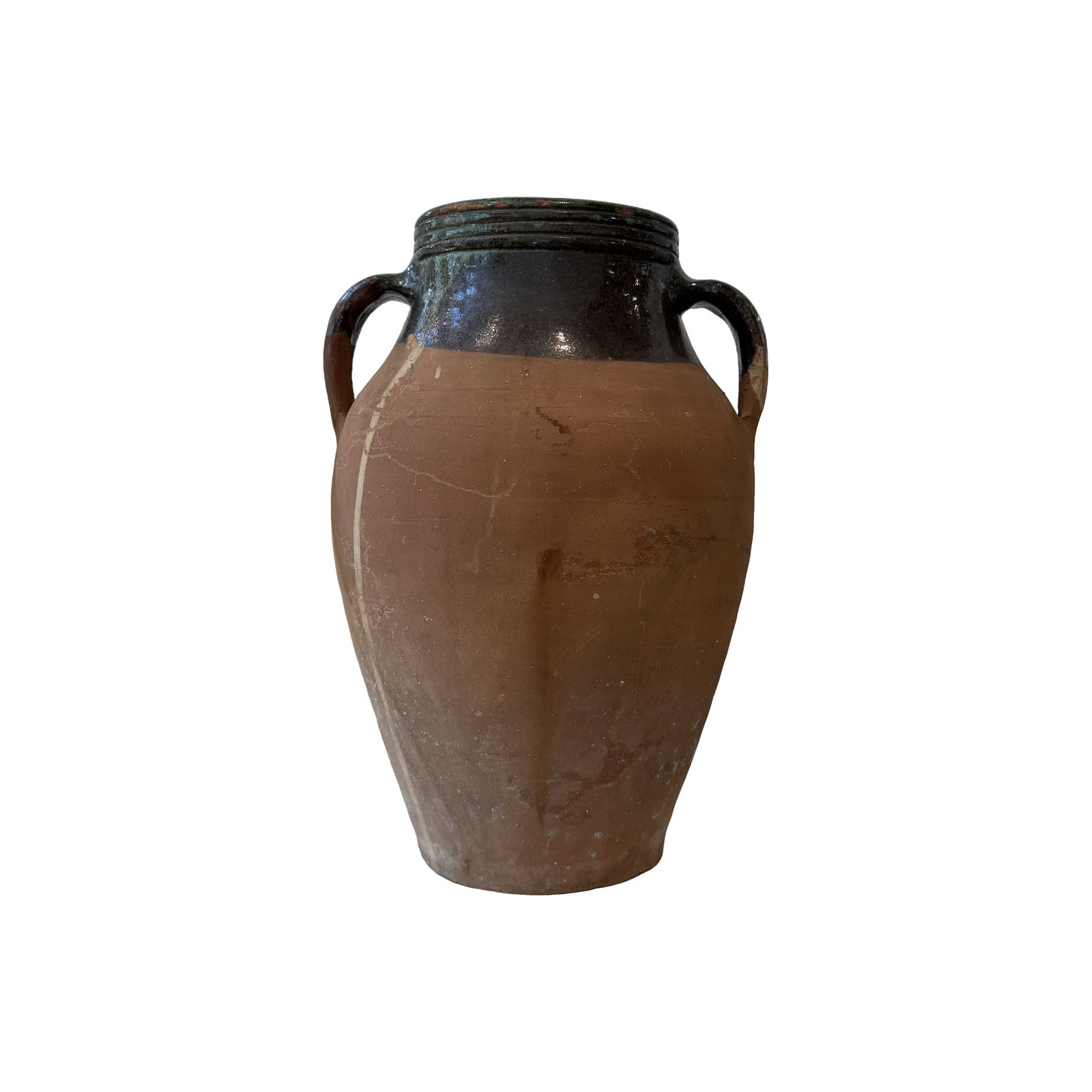 Vintage two-handled terracotta olive jar with dark treacle-glazed neck and shoulder over a weathered unglazed body