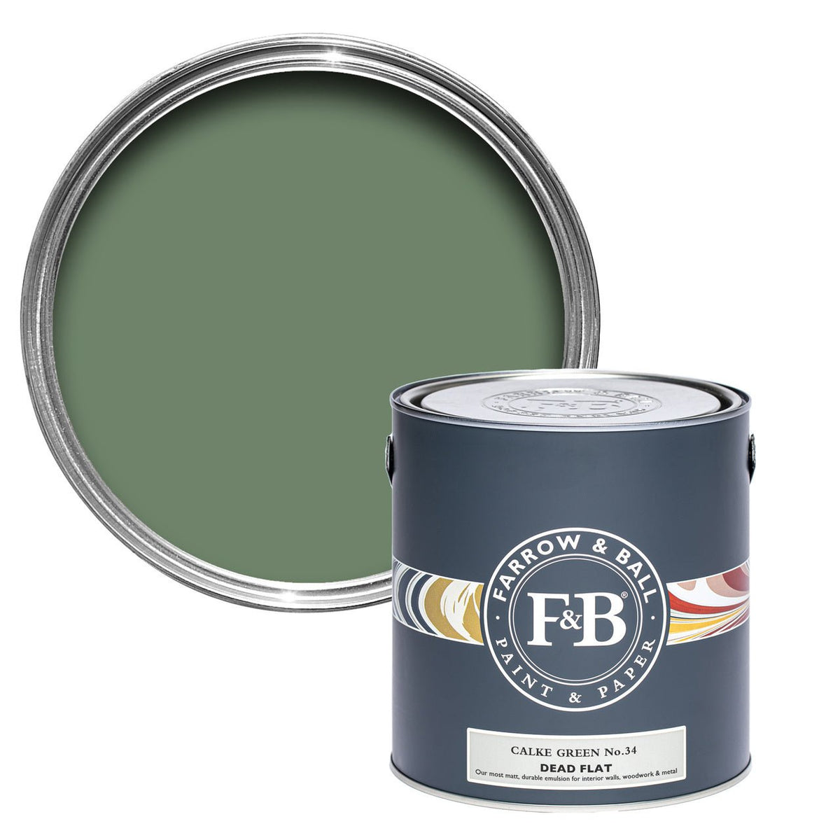 Farrow & Ball Calke Green No.34 paint tin and color swatch