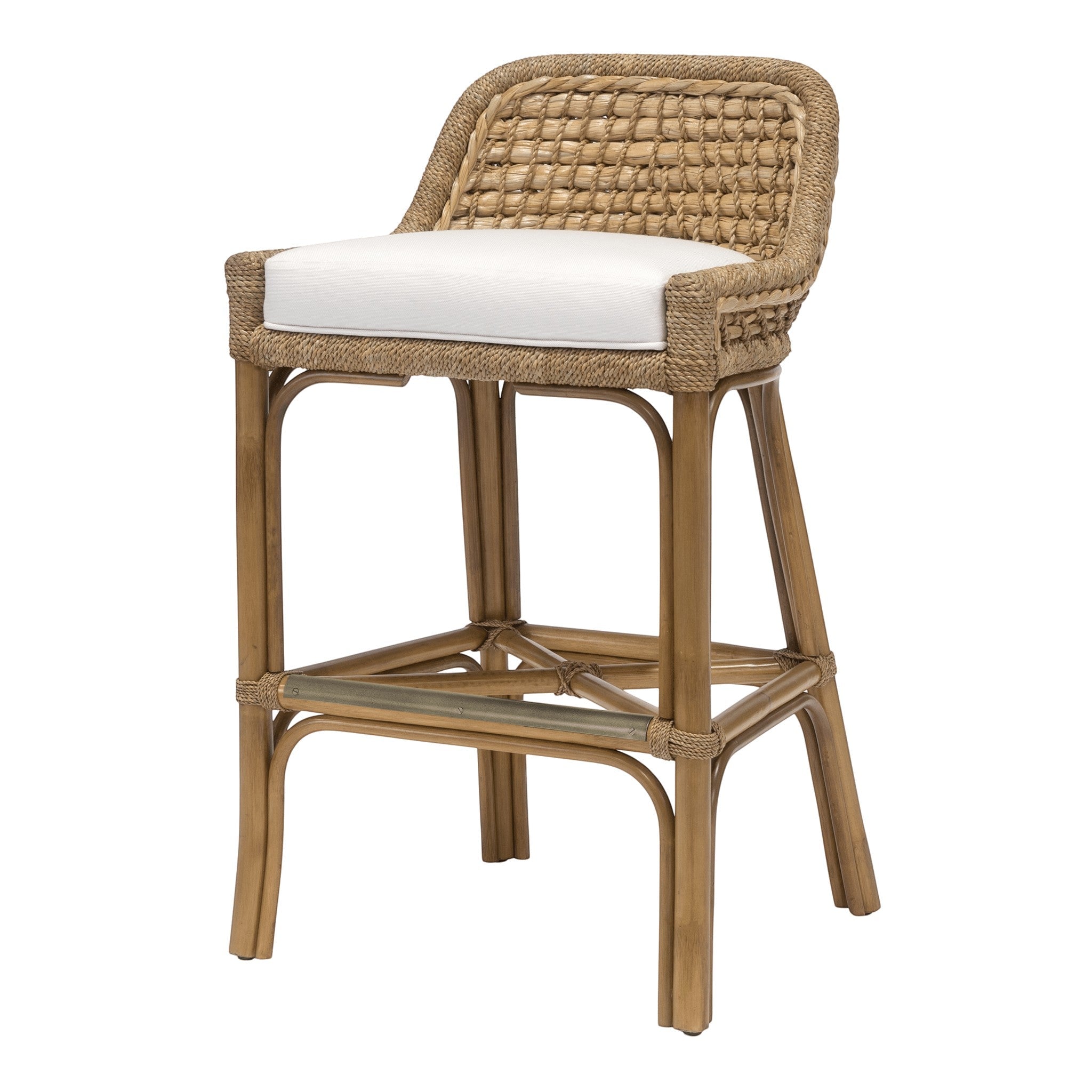Calimia Home Capitola bar stool featuring a natural rattan frame, woven seagrass back, and white upholstered seat.