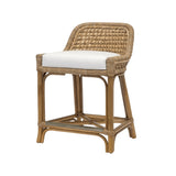 Calimia Home Capitola natural rattan counter stool with woven seagrass back, lampakanay rope, and white seat cushion.
