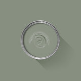 Farrow & Ball Card Room Green No.79 paint swirled in an open tin