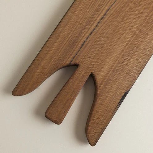 Square reclaimed oak cutting board styled with food