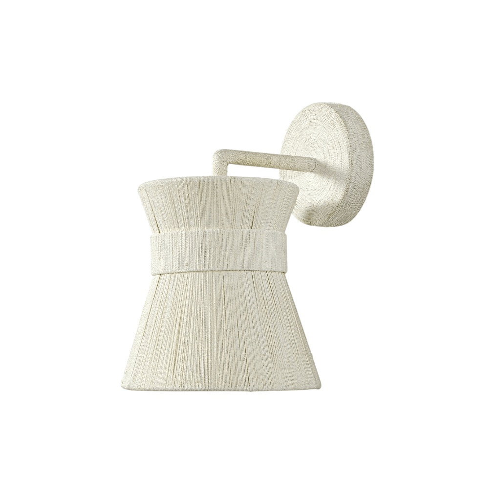 Calimia Home Cassidy Sconce featuring hand-woven white abaca rope over a metal frame with a matching rope backplate.