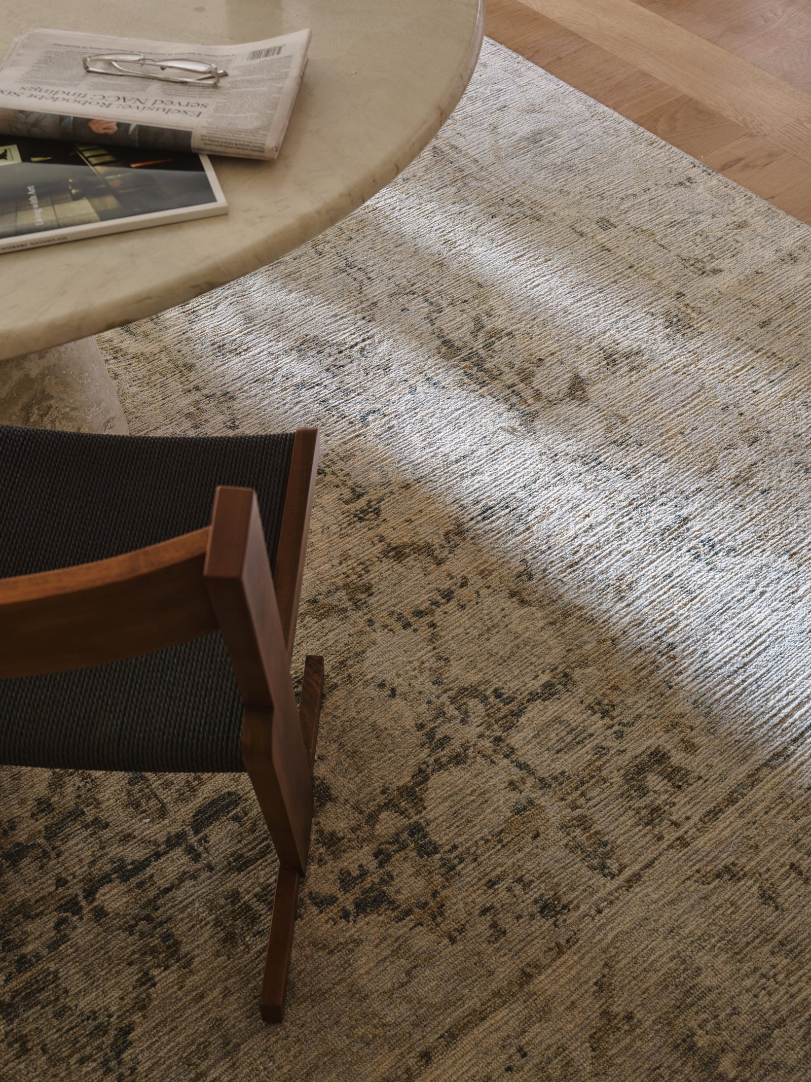 Basilica Rug by Armadillo, handcrafted wool rug, styled in a room at Calimia Home