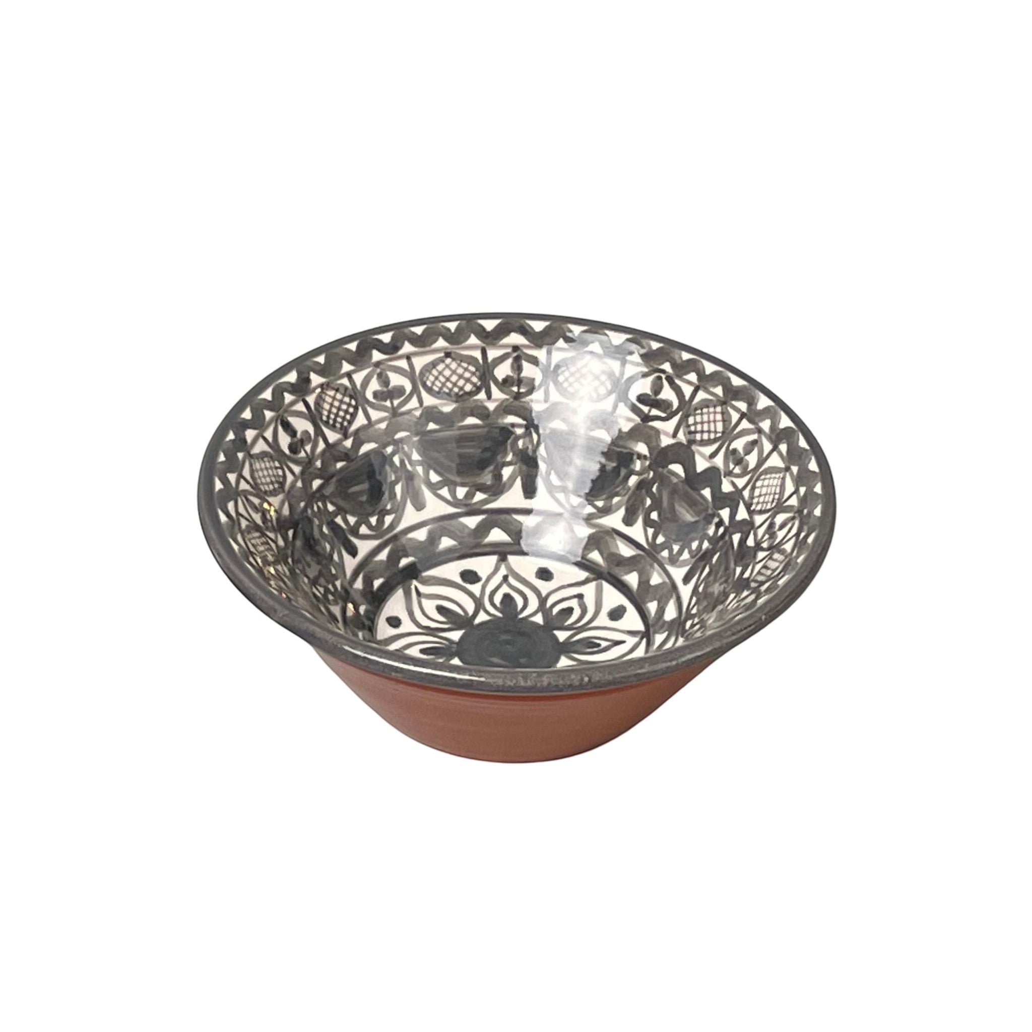 Calimia Home hand-thrown grey floral bowl with intricate patterned glaze and terracotta base, made in Portugal.