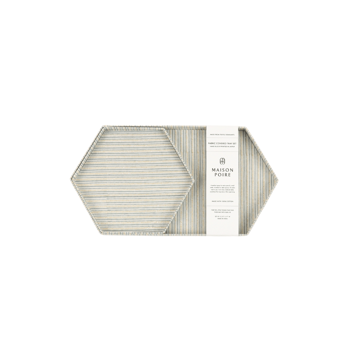 Maison Poire Clémence hexagon tray set in Blue Mist stripe, the small tray nested in the large one with its gift band