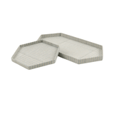 Small and large Clémence hexagon trays in pale blue-gray ticking stripe, stacked at an angle
