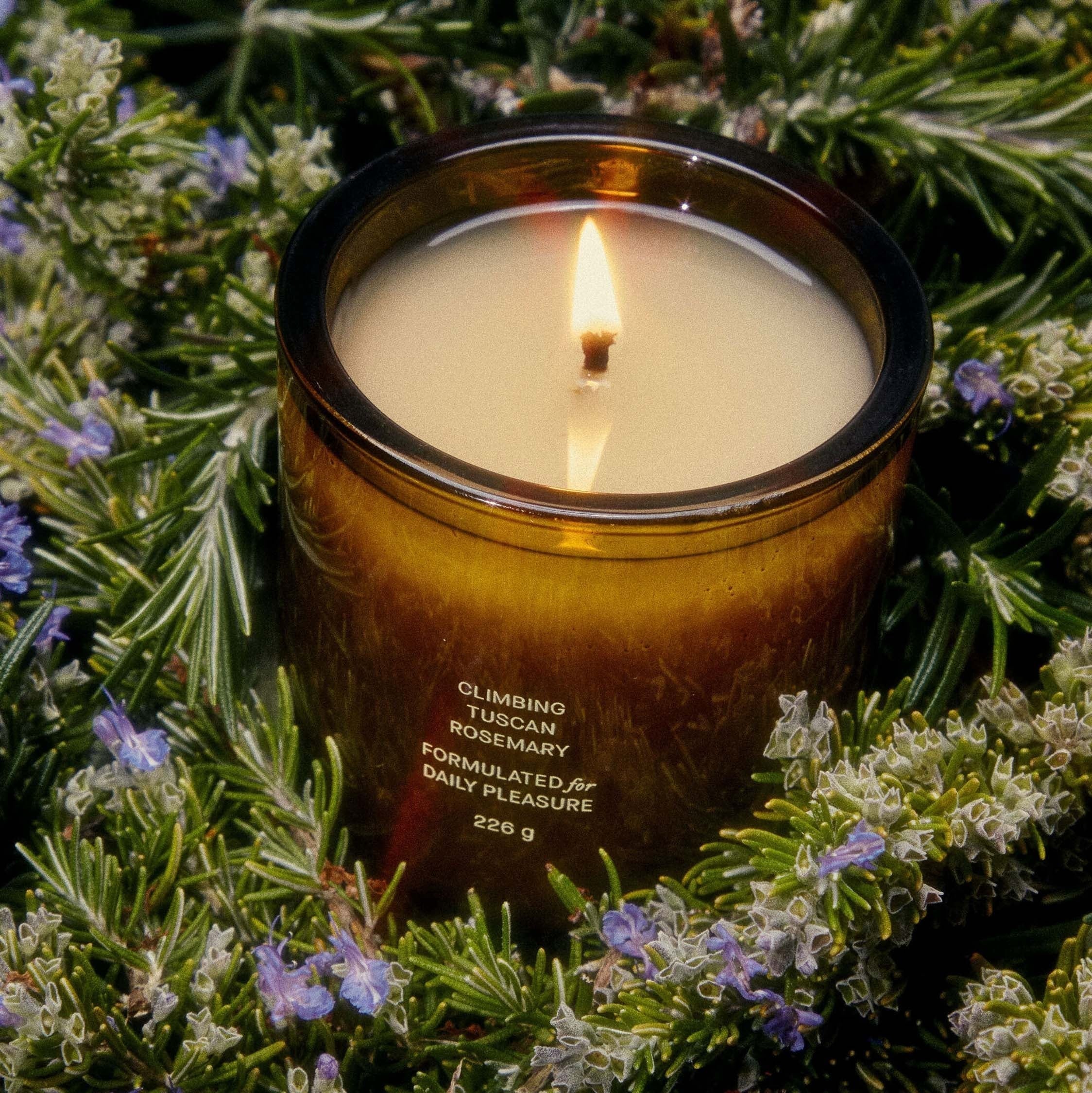 Flamingo Estate Climbing Tuscan Rosemary soy wax candle in a forest-green glass jar, surrounded by fresh rosemary sprigs.