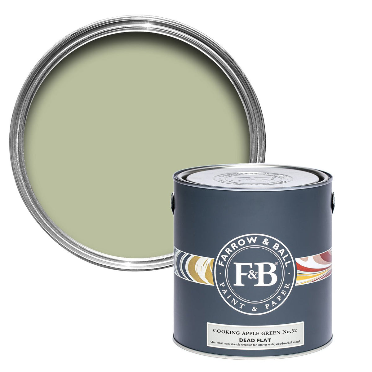 Farrow & Ball Cooking Apple Green No.32 paint tin and color swatch
