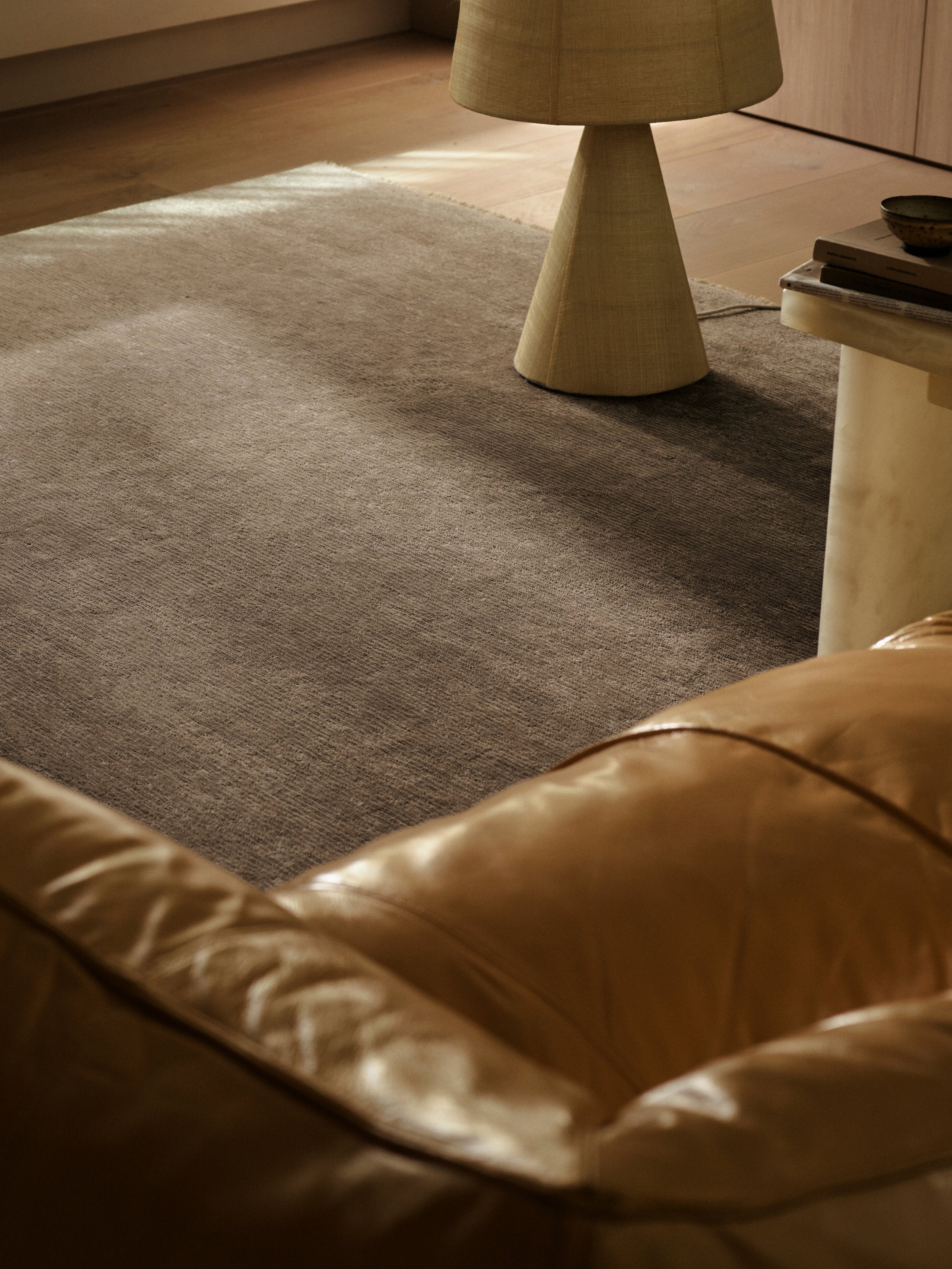 Armadillo Corsica Rug in Flannel, handwoven wool and linen rug shown in a room setting