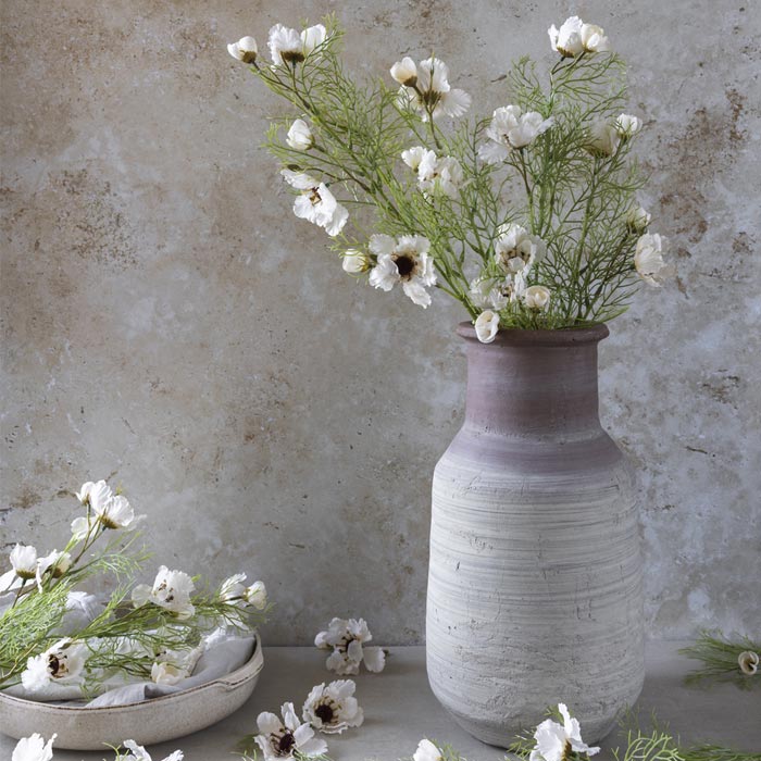 Faux Cosmos Cream stem with soft white blooms and feathery foliage, by Abigail Ahern