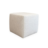 Calimia Home Cube Ottoman in nubby oatmeal Belgian linen with a minimalist square silhouette.