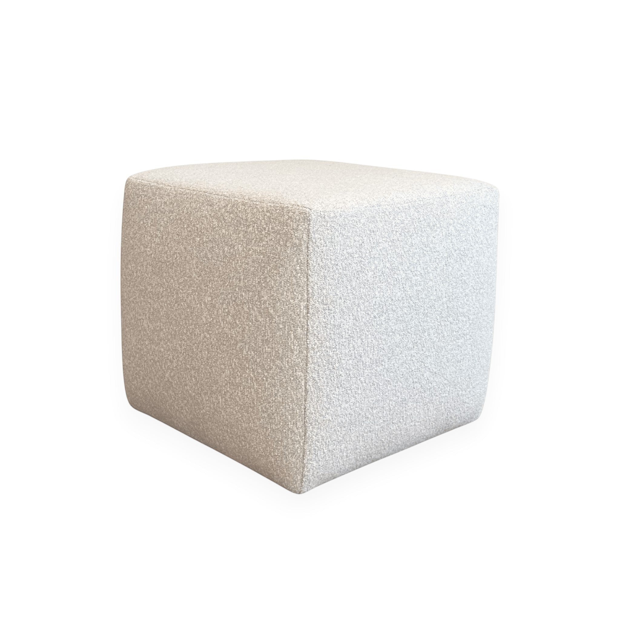 Calimia Home Cube Ottoman in nubby oatmeal Belgian linen with a minimalist square silhouette.