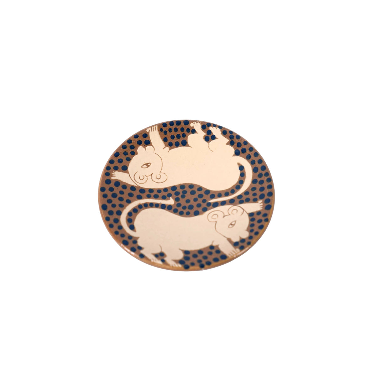 Kiliim Cubs ceramic small plate, hand-painted lion cubs on warm golden brown with navy dots, made in Tunis, Egypt