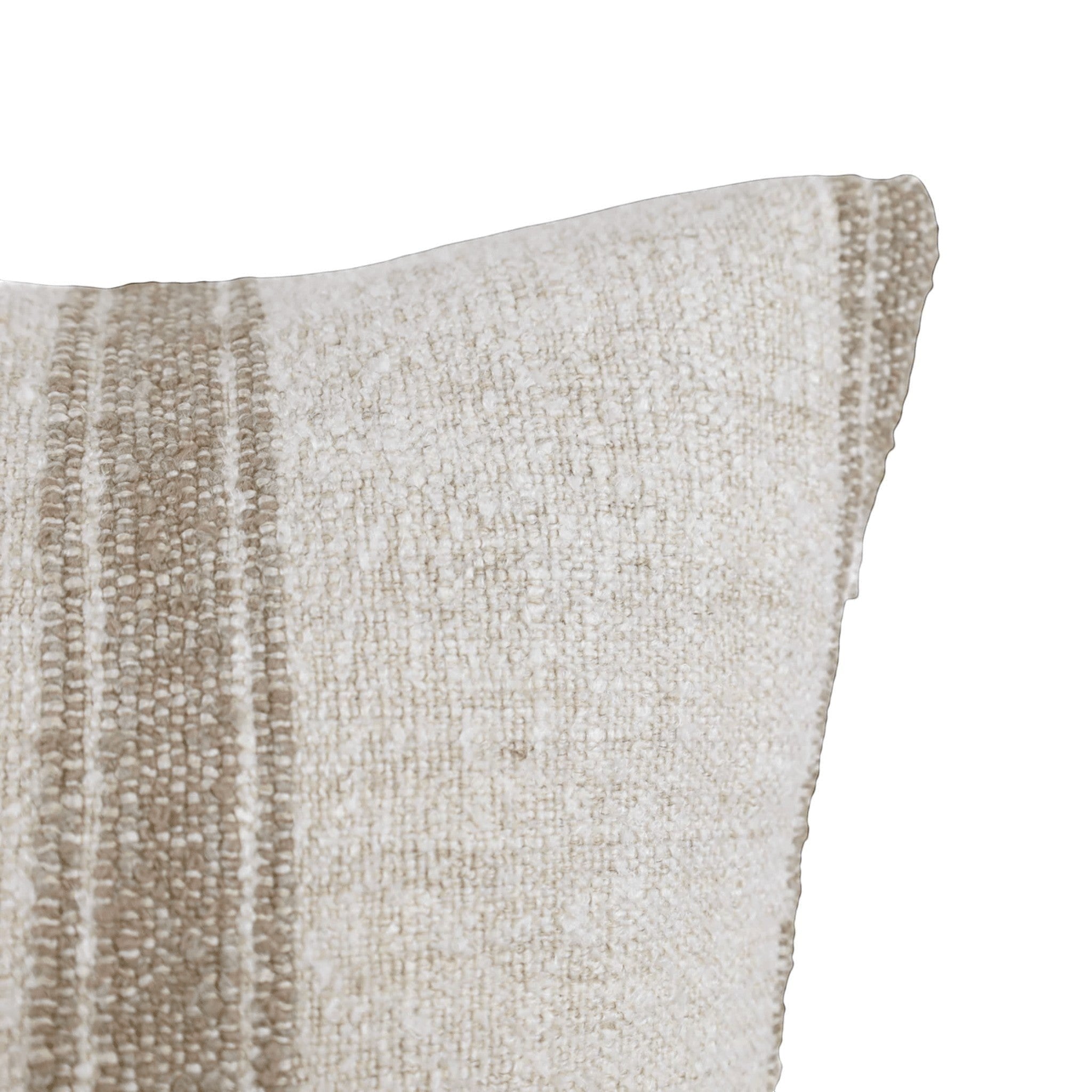 Calimia Home Dalton pillow in natural and mink with a hand-woven striped linen blend texture and feather-down insert.
