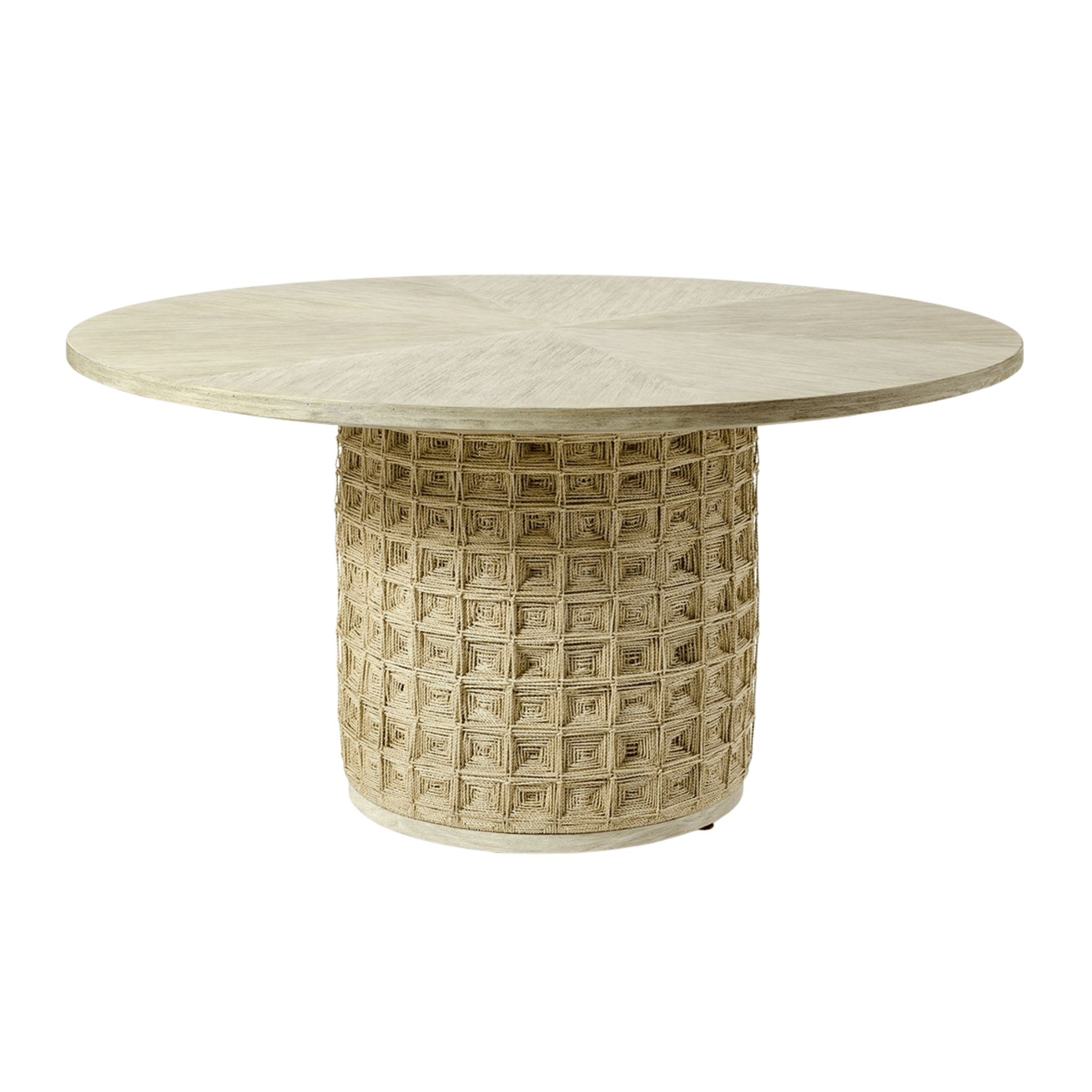 Round dining table with wood top and textured woven base on a white background
