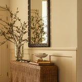 Calimia Home dark mahogany hand carved wall mirror with non-beveled glass hanging above a woven console table