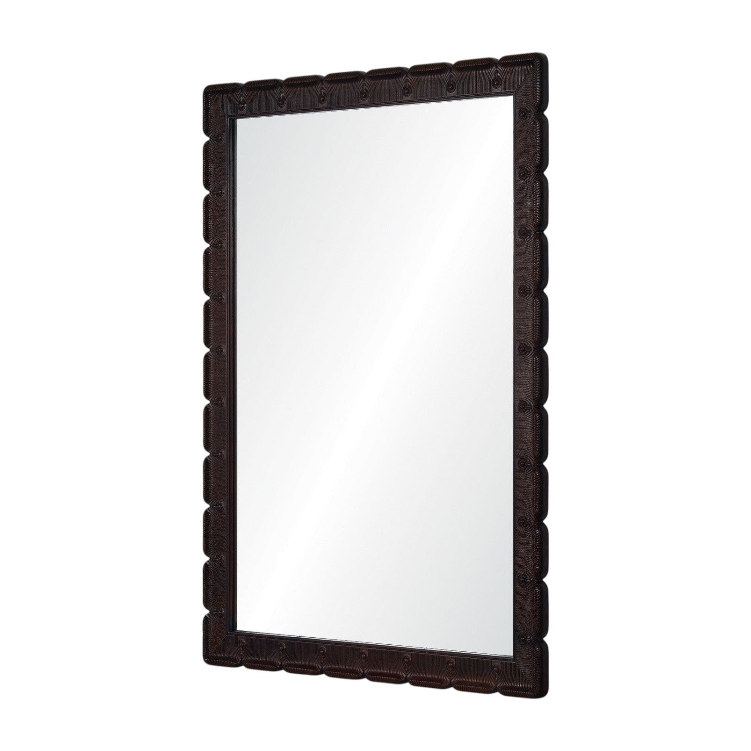 Calimia Home hand carved dark mahogany wall mirror with a rectangular frame and non-beveled glass surface.